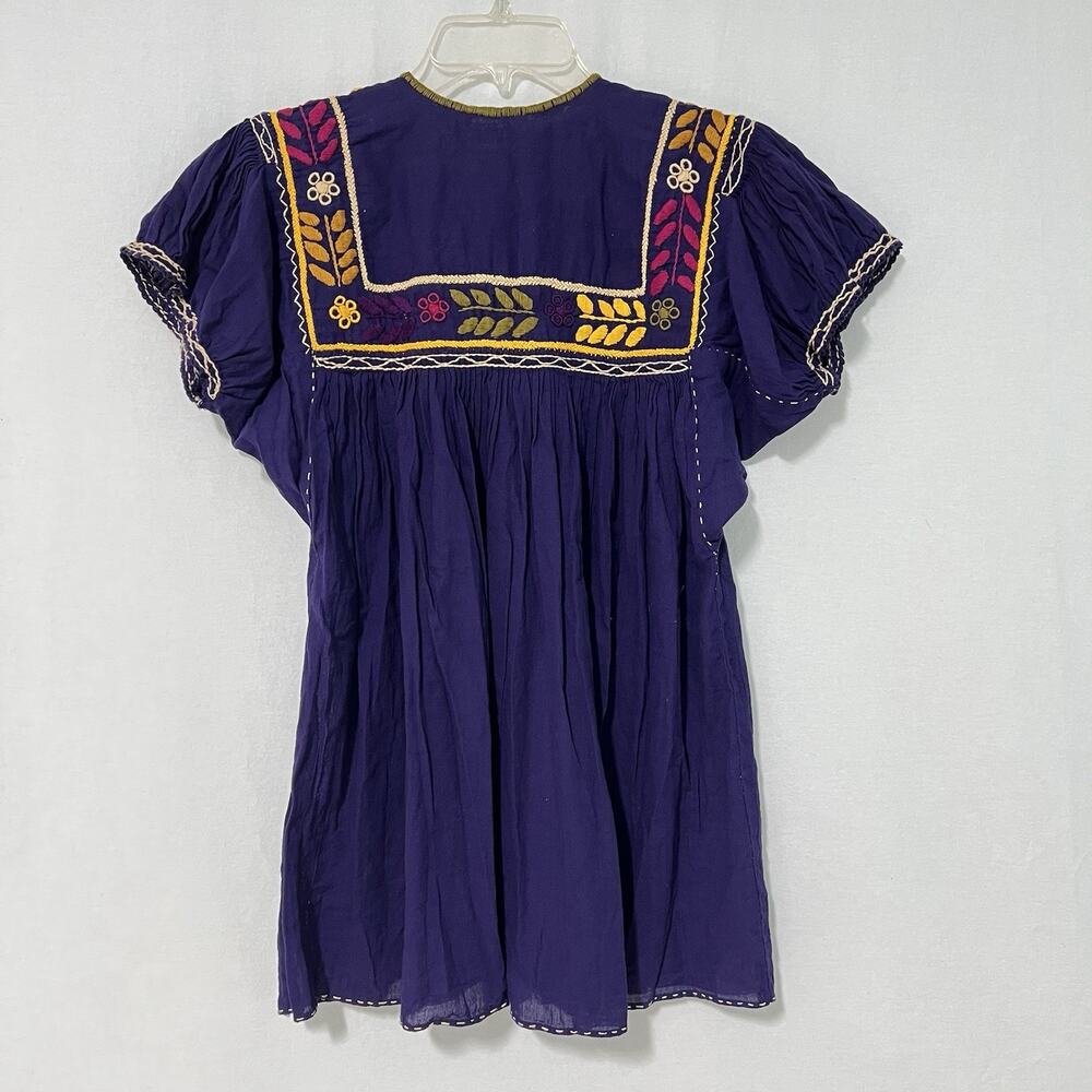 Handmade Folk Mexican Embroidered Blouse Large Purple Floral Top Pleated - Picture 5 of 10